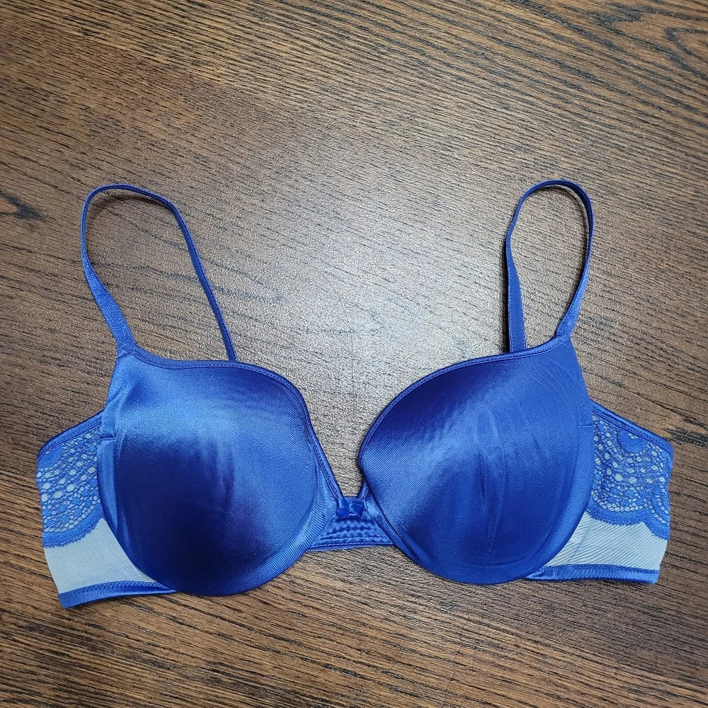 Maidenform Blue Satin and Lace Padded Push Up Bra Size Women's 36B